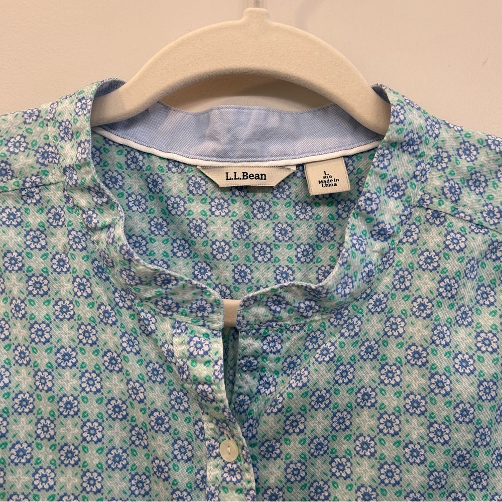 L.L. Bean Cotton Floral Button Down Short Sleeve Shirt White Blue Green Size L - Picture 3 of 8
